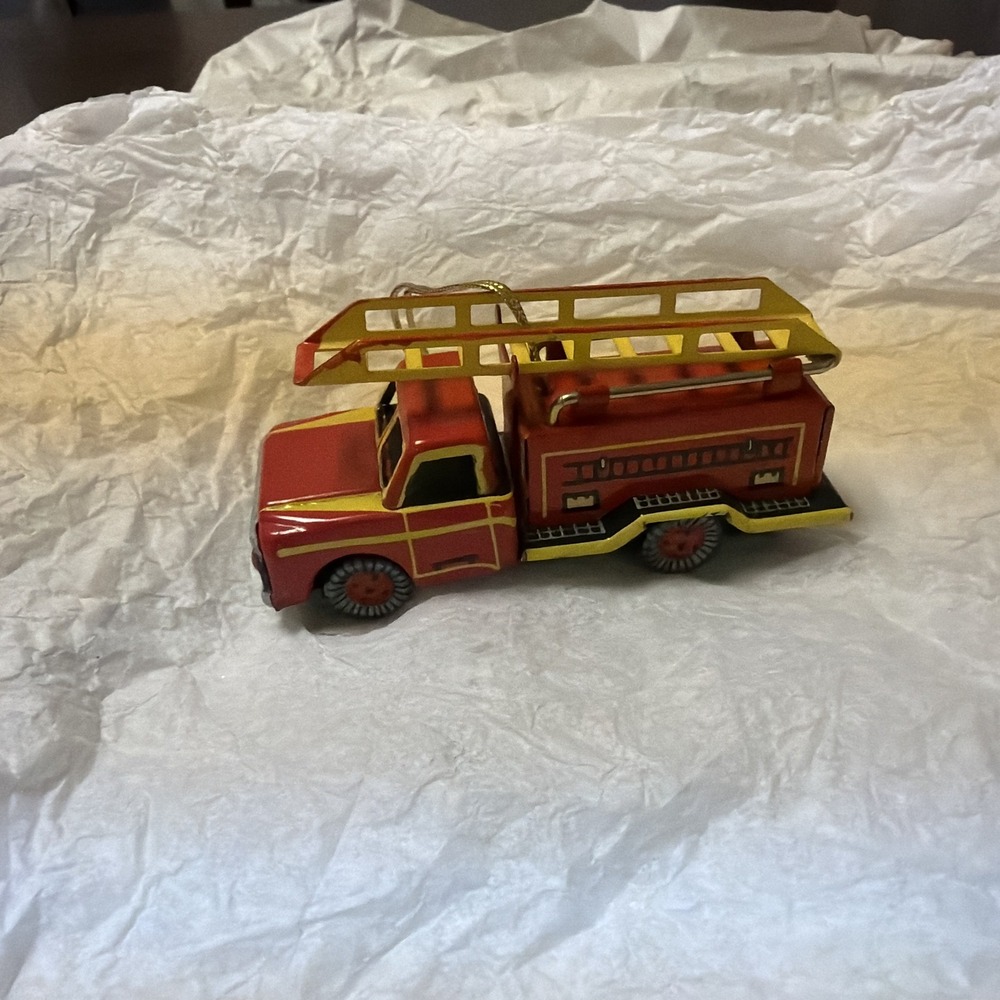 Vintage Alexander Taron Tin Fire Truck Ornament Red Yellow Collectible